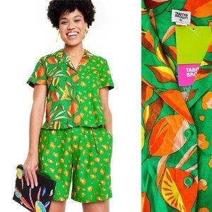 Tabitha Brown Women's Button Up Shorts Set XXS Linen Leopard Orange Green New